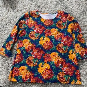 Serengeti Womens XL Floral Crew Neck 3/4 Sleeve Top Colorful Rose Print